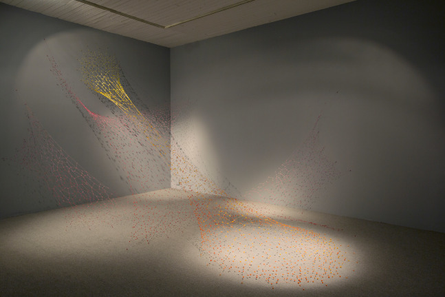 Tuntoroo, 2014
Hand-molded wax beads, cotton thread, wooden beads and pigments
131" x 188" x 135"