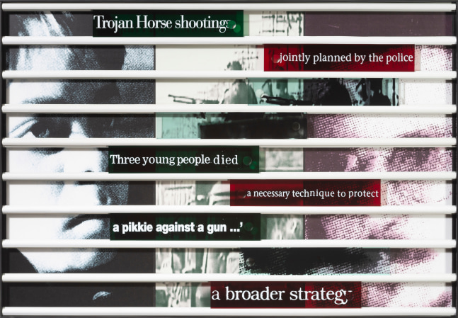 Truth Games: Melanie Magmoed &amp;ndash; brother shot &amp;ndash; Dolf Vermeulen

1998

Laminated colour laser print, wood, metal, plastic

Work: 84 x 121 x 6 cm

AP 1/1

Sales enquiries

In the late afternoon of October 15 1985, security police hiding in crates on the back of a lorry opened fire on children playing in the road in the working class suburb of Athlone, Cape Town. Shaun Magmoed (16) and two others were killed, and nearly 20 injured in what became known as the &amp;lsquo;Trojan Horse&amp;rsquo; shooting. Police said they had opened fire because the children were throwing stones. Scores of witnesses denied this. The police, under the command of Lt. Dolf Vermeulen, defended their action, saying it was &amp;lsquo;a necessary technique to protect ordinary road users&amp;rsquo;.

&amp;nbsp;