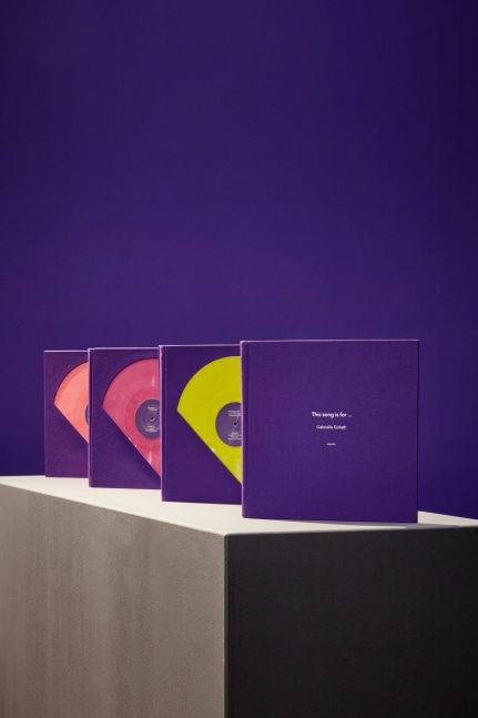 Gabrielle Goliath

This Song is For &amp;hellip; Vol I

2021

Hand-bound folio of 6 vinyl&amp;nbsp;records

Pressed by Matter of Fact,&amp;nbsp;Berlin

Bound by Pulp Paperworks,&amp;nbsp;Johannesburg

Published by Goodman&amp;nbsp;Gallery

Edition of 20

Enquire

&amp;nbsp;