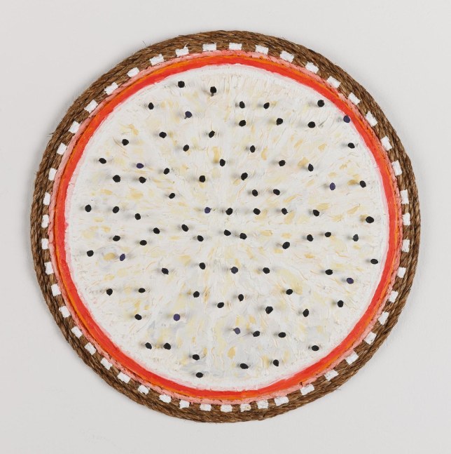 Daniel Rios Rodriguez
Maracuya, 2018
oil, nails, rope on wood panel&amp;nbsp;
38 x 38 cm / 5 x 15 in