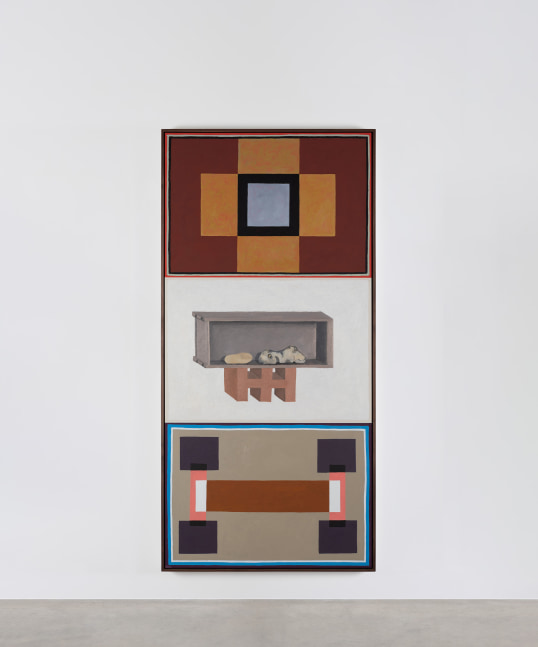 Nathalie Du Pasquier&amp;nbsp;
Stones on shelf
2022
oil on paper, 3 modules, framed together
70 x 100 cm / 27.6 x 39.4 in, each &amp;nbsp;
213 x 102 cm / 83.9 x 40.2 in, framed&amp;nbsp;
