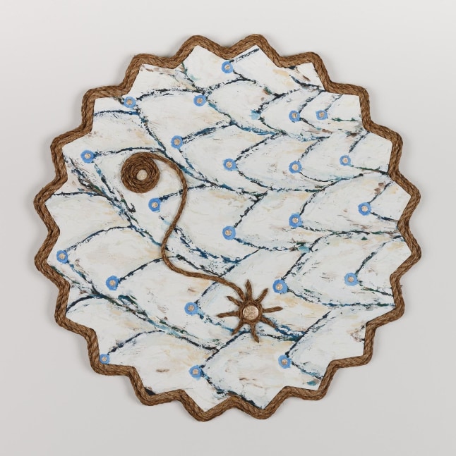 Daniel Rios Rodriguez
Zenaida, 2018
oil, acrylic, rope, nails, aluminium and river stone on wood panel
66 cm / 26 in diameter