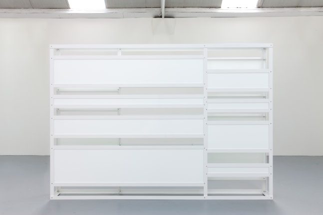 Liam Gillick&amp;nbsp;
Leeched Screen, 2014
powder-coated aluminium, Plexiglas
304.8 x 213.5 x 31.5 cm / 120 x 84.1 x 12.4 in&amp;nbsp;

&amp;nbsp;