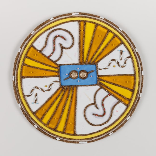 Daniel Rios Rodriguez
Bite The Tongue, 2018
oil, nails, rope, aluminium on wood panel
60.5 x 60.5 cm / 23.8 x 23.8 in&amp;nbsp;