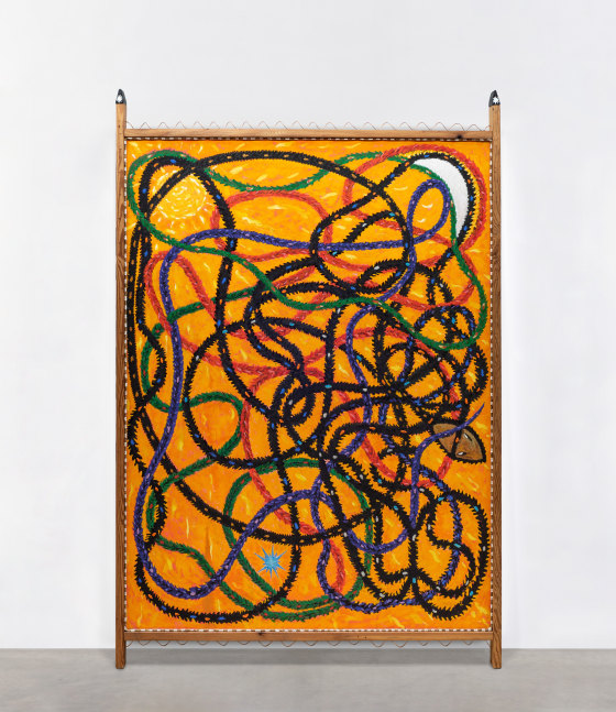 Daniel Rios Rodriguez&amp;nbsp;
Sonidera de Sue&amp;ntilde;os, 2020-21
flashe, oil, nails , rope, copper, wood on canvas
232.4 x 154.9 cm / 91.5 x 61 in&amp;nbsp; &amp;nbsp;

&amp;nbsp;