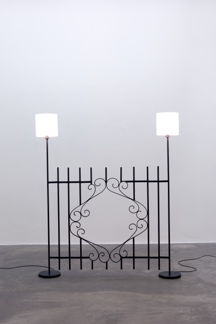 Andy Fitz
Journey&amp;#39;s End (Electric Fence), 2022
steel, wiring, lampshades, bulbs
184 x 163 x 26 cm / 72.4 x 64.2 x 10.2 in