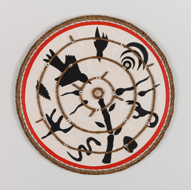 Daniel Rios Rodriguez
Hotwells, 2018
oil, acrylic, rope, nails, linen, aluminium on wood panel
66 cm / 26 in diameter&amp;nbsp;