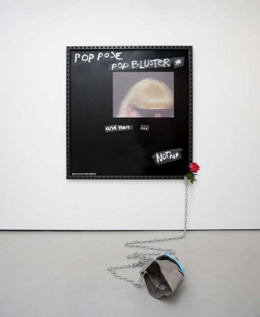Simeon Barclay&amp;nbsp;

Pop Pose,&amp;nbsp;2023

black ACM board, vinyl, metal, oil and acrylic paint, chain, replica Great Helm, children&amp;rsquo;s unicorn bicycle helmet, acrylic on canvas, plastic rose

158 x 150 cm frame &amp;amp; 40 x 38 x 21 cm helmet

&amp;nbsp;