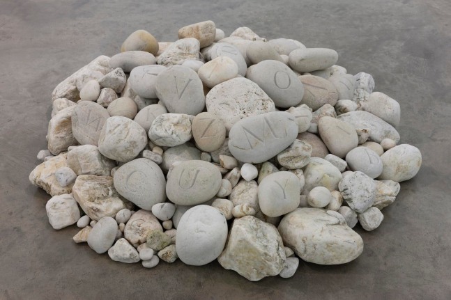 Dorothy Cross
Alphabet, 2017
various Quartz beach stones, 26 carved&amp;nbsp;
35 x 155 x 132 cm / 13.8 x 61 x 52 in approx.