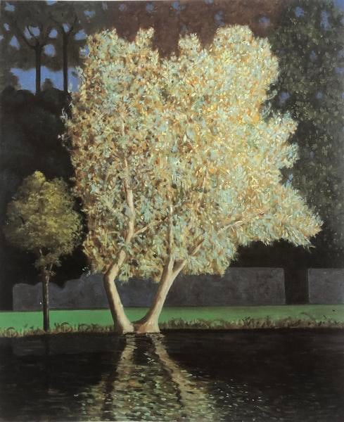 Oil painting of a tree near a lake, reflecting in the waters.