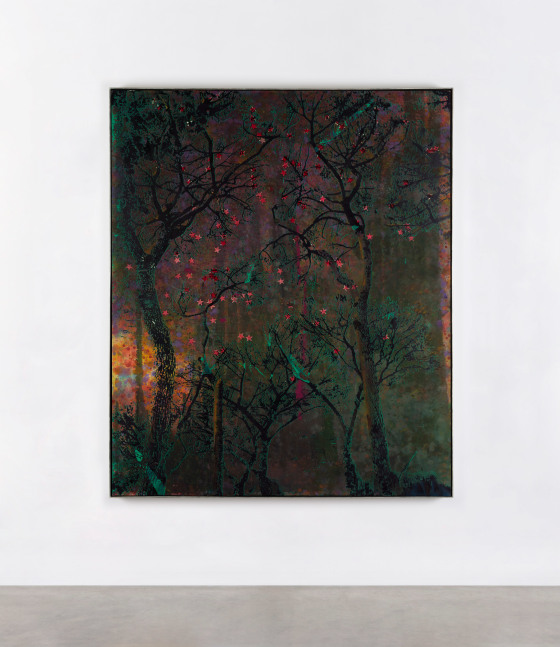 Elizabeth Magill&amp;nbsp;
Red Stars, 2021
oil and mixed media on canvas, hand-gilded silver and painted clay frame
183 x 153 cm / 72 x 60.2 in
185.5 x 155.5&amp;nbsp;cm / 73 x 61.2&amp;nbsp;in framed