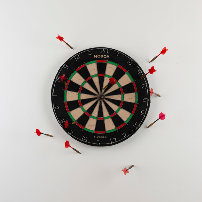 Dorothy Cross&amp;nbsp;
Bull&amp;rsquo;s Eye, 1992
dartboard, cow&amp;rsquo;s teat, 11 darts
46 x 8.5 cm / 18.1 x 3.3 in&amp;nbsp;