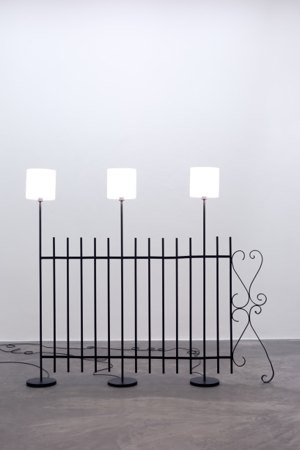 Andy Fitz
Desire Lines (Electric Fence),&amp;nbsp;2022
steel, wiring, lampshades, bulbs
184 x 216 x 25 cm / 72.4 x 85 x 9.8 in