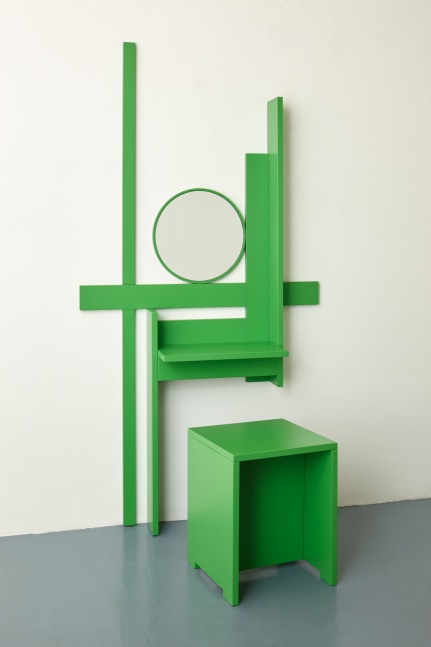 Liam Gillick&amp;nbsp;
Neural Mechanisms, 2016
birch plywood, two pack lacquer - RAL6018, mirror
2 elements, desk and stool
200 x 102.5 x 30 cm / 78.7 x 40.4 x 11.8 in&amp;nbsp;
50 x 40 x 40 cm / 19.7 x 15.7 x 15.7 in&amp;nbsp;

&amp;nbsp;
