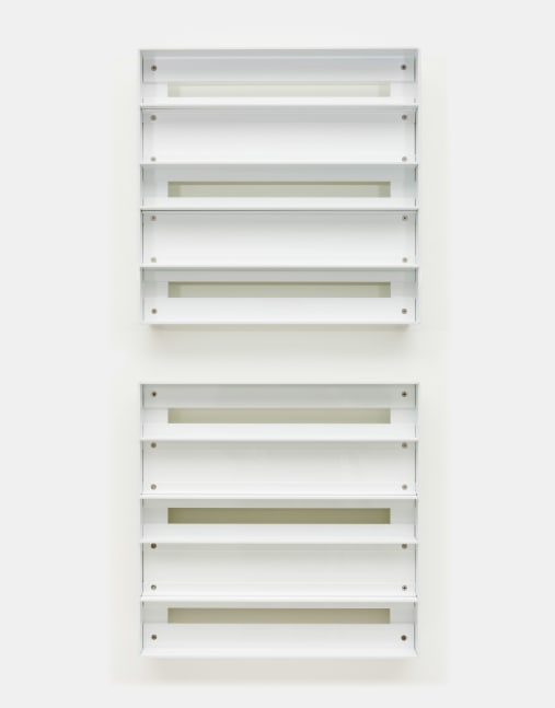 Liam Gillick&amp;nbsp;
Liquidation in the snow, 2010
powder-coated aluminium, Plexiglas, unique
two elements each 50 x 50 x 10 cm / 19.7 x 19.7 x 3.9 in&amp;nbsp;&amp;nbsp;

&amp;nbsp;