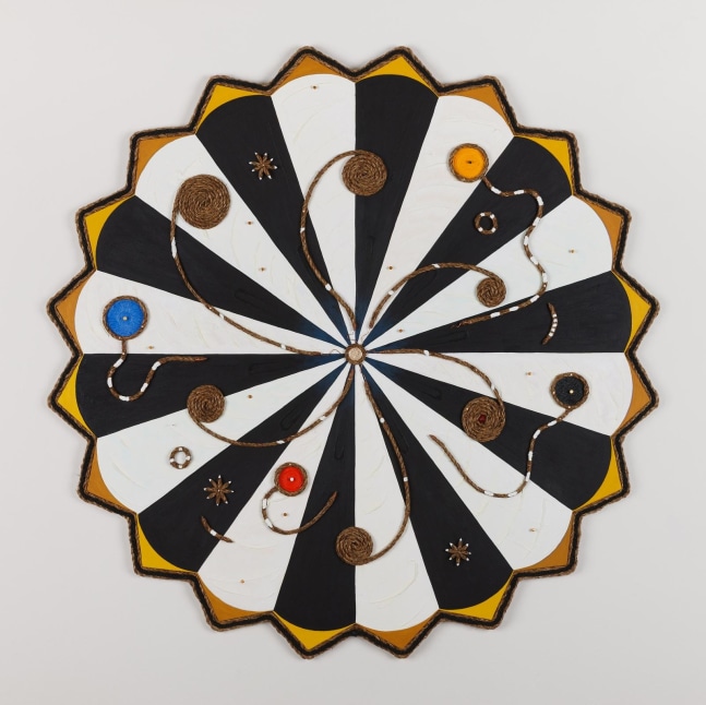 Daniel Rios Rodriguez
Sombra Maximiliani, 2018
oil, nails, rope, aluminium, copper on wood panel
116 x 116 cm / 45.7 x 45.7 in