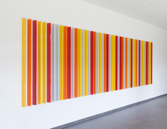 Liam Gillick&amp;nbsp;
riggedattraction, 2014
powder-coated aluminium, 50 elements
each element 180 x 3 x 10 cm / 70.9 x 1.2 x 3.9 in
total size 180 x 640 x 10 cm / 70.9 x 252 x 3.9 in