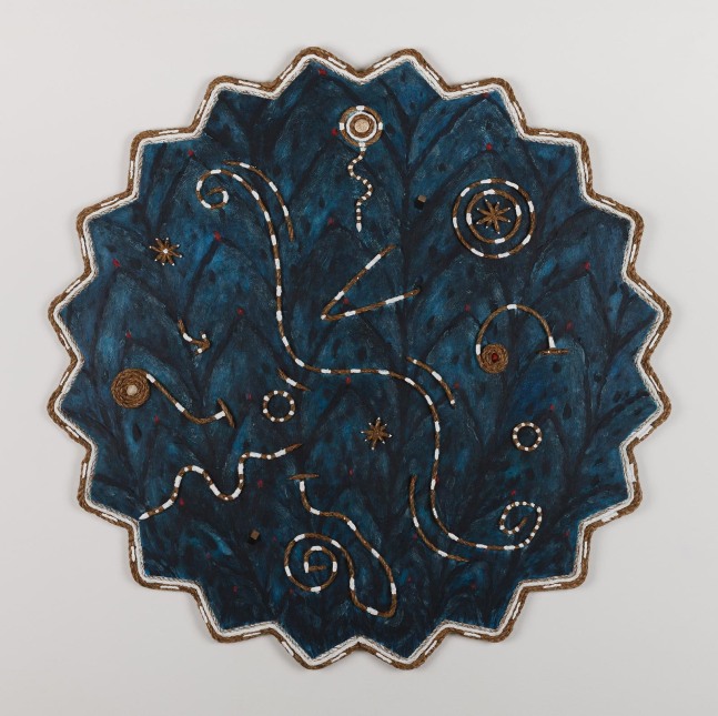 Daniel Rios Rodriguez
Nyctanassa, 2018
oil nails, rope, wood, aluminium, acrylic, river stone, Texas mountain laurel bean on wood panel&amp;nbsp;
116 x 116 cm / 45.7 x 45.7 in

&amp;nbsp;