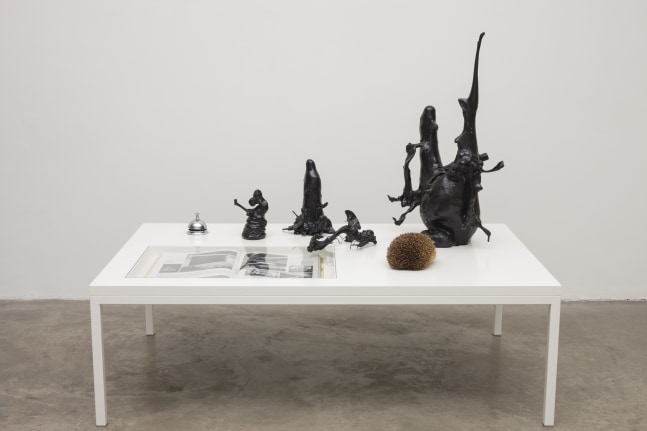 Eoin Mc Hugh&amp;nbsp;
gentle joy, laughter at the trials of the innocents, 2013
taxidermied hedgehog, book, bell, bronze, glass, table
122 x 90 x 144 cm / 48 x 35.4 x 56.7 in