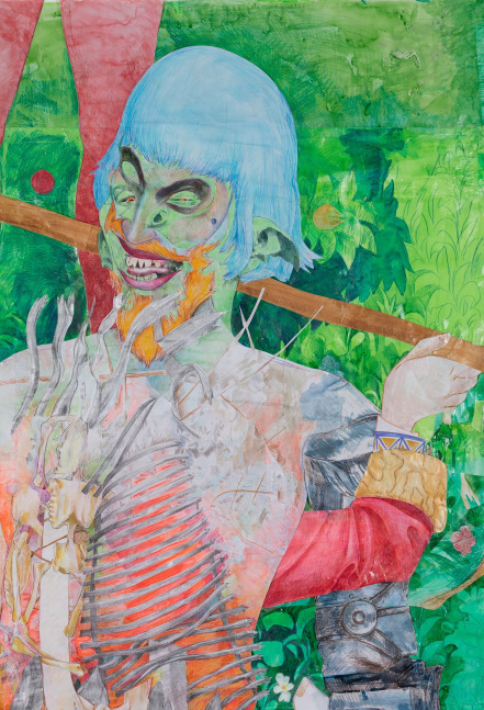 Sam Keogh
Orcish Palisade NPC, 2022
colouring pencil, graphite, watercolour, acrylic and gold leaf on 70gsm acid free layout paper
218 x 124 cm / 85.8 x 48.8 in framed &amp;nbsp;