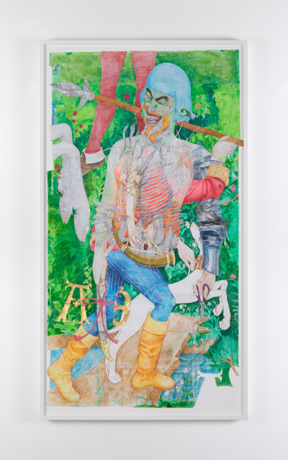 Sam Keogh
Orcish Palisade NPC&amp;nbsp;
2022
colouring pencil, graphite, watercolour, acrylic and gold leaf on 70gsm acid free layout paper
218 x 124 cm / 85.8 x 48.8 in framed&amp;nbsp;