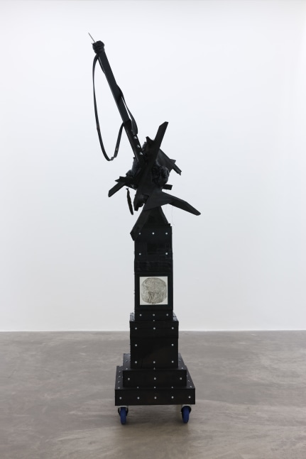 Marcel Vidal&amp;nbsp;
Dead in the day, 2017
expanding foam, spray paint, wood, watercolour on paper framed with glass, bitumen, zinc fittings, castor wheels, rubber, animal fur, linen, plaster
241 x 120 x 80 cm / 94.9 x 47.2 x 31.5 in&amp;nbsp;

&amp;nbsp;