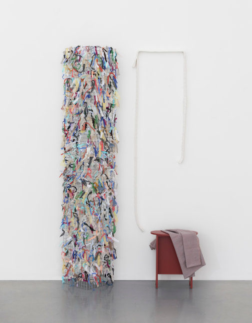 Aleana Egan&amp;nbsp;

small scene, 2025

steel mesh, fabric, painted MDF stool, noil, card, tape

175 x 87.5 x 18.5 cm / 68.9 x 34.4 x 7.3 in approx