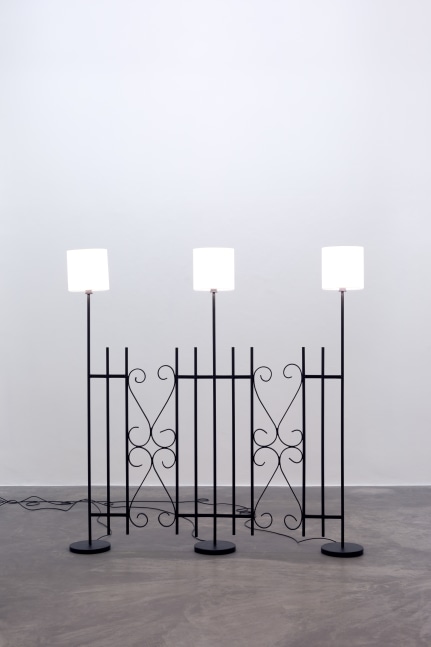 Andy Fitz
Welcome (Electric Fence), 2022
steel, wiring, lampshades, bulbs
185.5 x 181.5 x 26 cm /&amp;nbsp;73 x 71.5 x 10.2 in