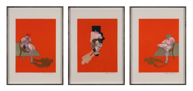 A Francis Bacon triptych depicting an abstracted figure on each panel with an orange background
