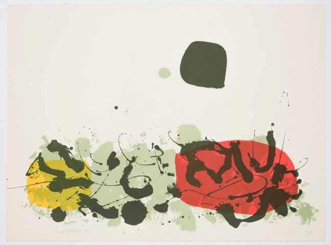 An abstract Adolph Gottlieb lithograph featuring red, pale green, and yellow rounded shapes with dark green gestural splatter marks over top and a dark green large round shape at the top of the paper