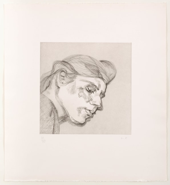 A Lucian Freud etching of the side profile of a head in black ink on off white paper