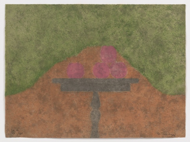 Print depicting a still life with a grey table and pink circular objects with a green and brown background