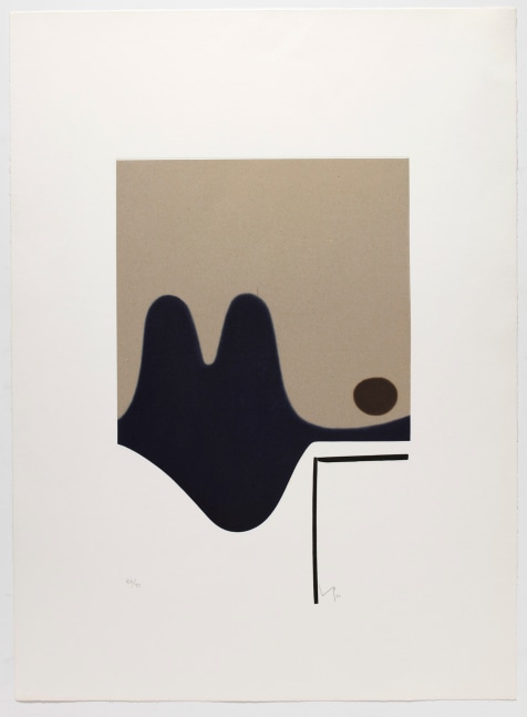 A geometric, neutral toned Victor Pasmore etching and aquatint featuring an organic black form on the center of the paper