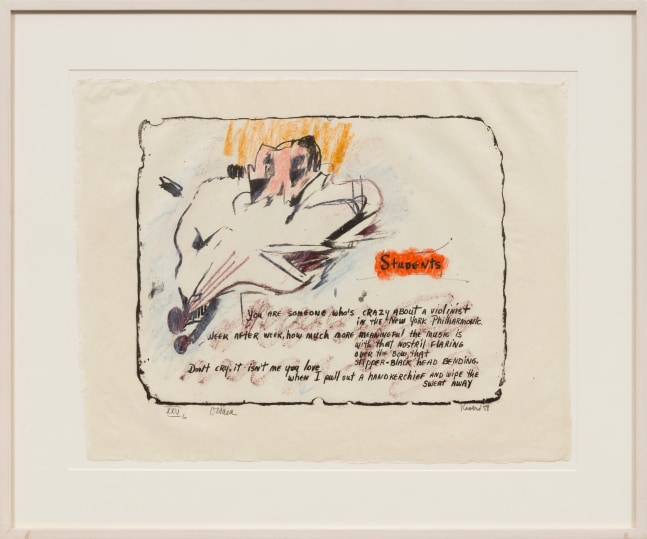 A hand-colored lithograph from a suite of 12 depicting text and a figure on cream paper by Larry Rivers