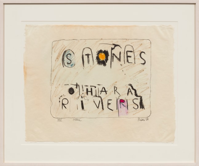 A hand-colored lithograph from a suite of 12 depicting the words &quot;STONES OHARA RIVERS&quot; on cream paper by Larry Rivers