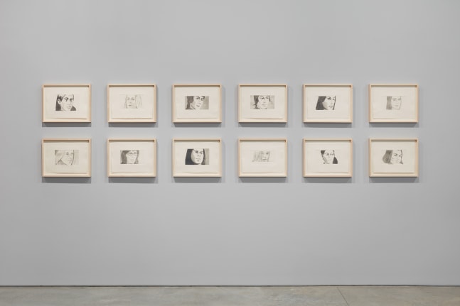 Installation view featuring 12 small framed Alex Katz portrait etchings of different figures