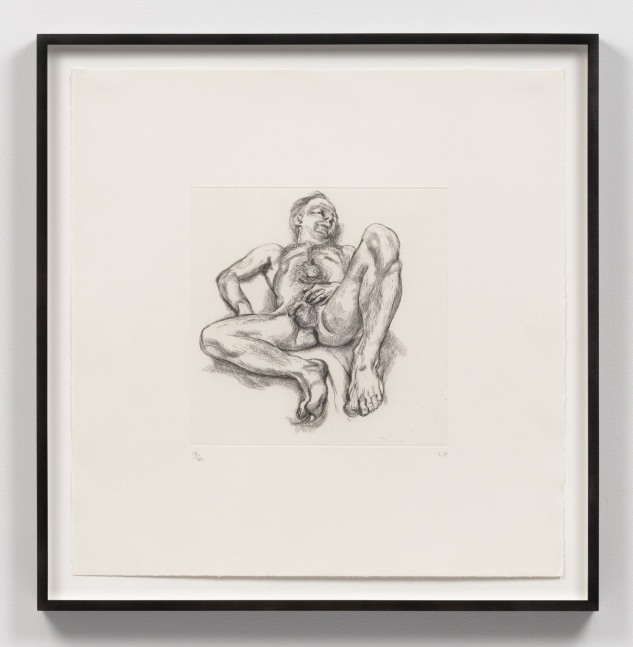 A Lucian Freud etching of a naked man in black ink on off white paper