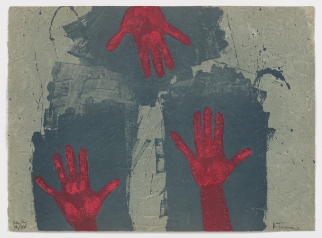 Three red hands open and facing up over blue swatches with a muted blue/green background