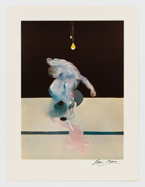 A Francis Bacon lithograph depicting an abstracted figure in the center of the print with a light bulb above and a divided, half light and half dark background