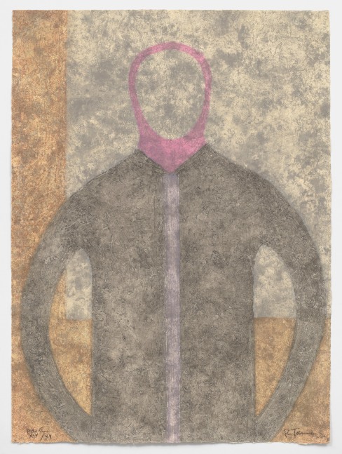 A faceless figure over a brown and orange background