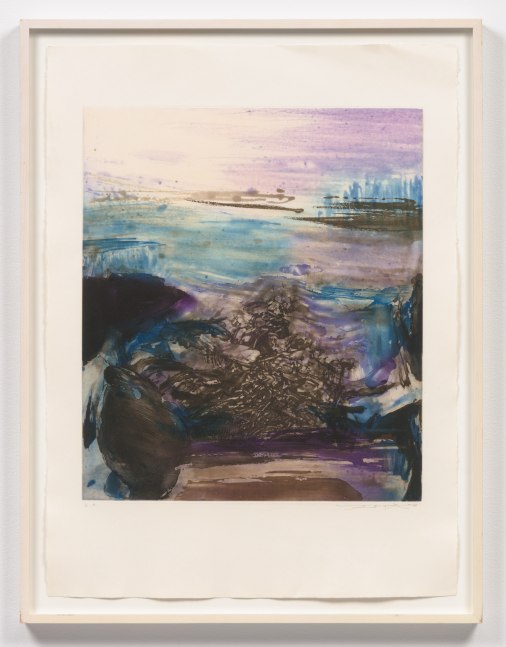 A colorful and gestural etching with aquatint featuring a brown center and lavender sky