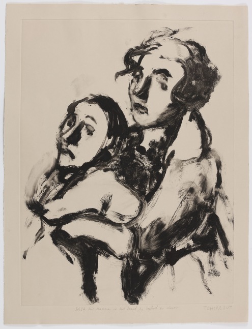 A Liorah Tchiprout monotype on Somerset textured paper in 'newsprint' depicting two figures on tan paper