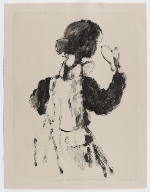 A monotype in black ink featuring the back of a figure by Liorah Tchiprout