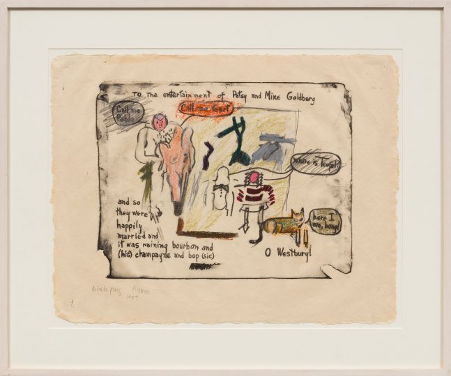 A hand-colored lithograph from a suite of 12 depicting text and figures on cream paper by Larry Rivers