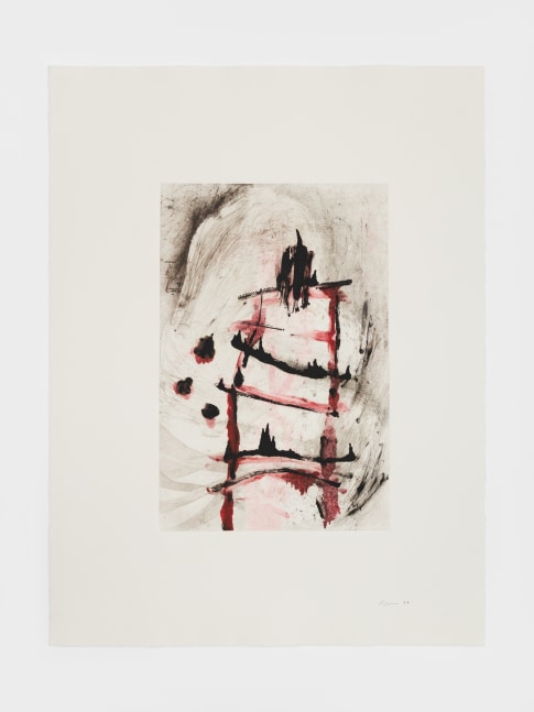 Gestural monotype featuring black and red ink on cream paper by Laura Anderson Barbata