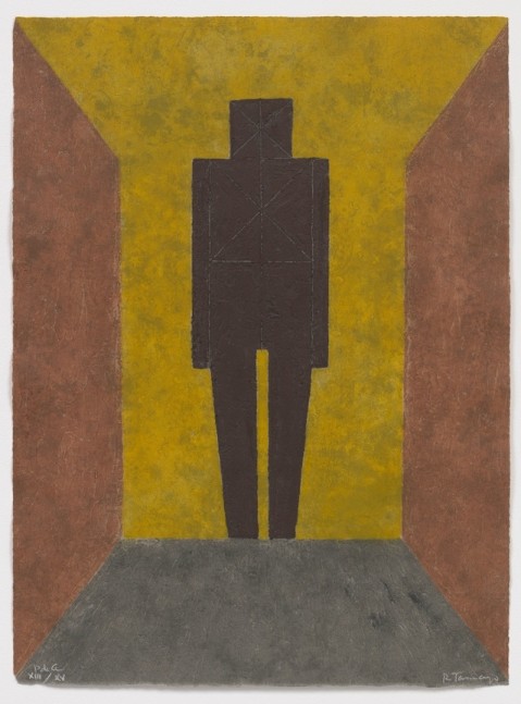 Black figure on the center of the paper with a yellow background, brown sides, and grey bottom