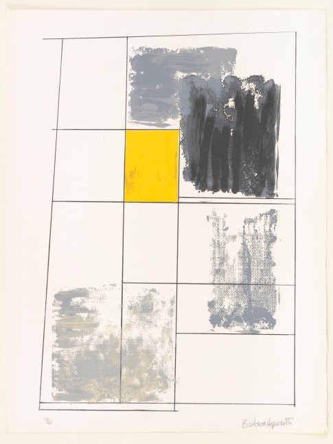 A gestural and geometric screenprint from a portfolio of 12 featuring gray, black, and yellow by Barbara Hepworth