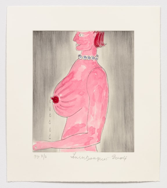 Drypoint of a nude woman in pink on a grey background by Louise Bourgeois