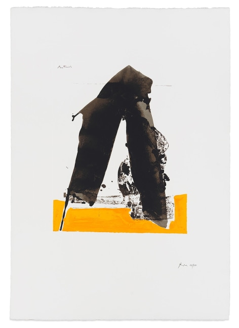 An abstract Robert Motherwell screenprint of a triangular black shape in the center of the paper with an orange rectangular block below it