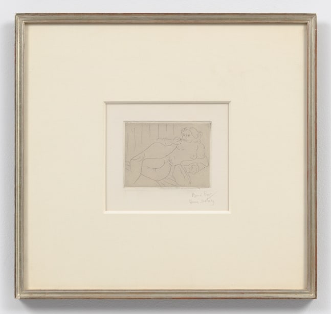 Nu couch&amp;eacute; sur le c&amp;ocirc;t&amp;eacute;, les jambes repli&amp;eacute;es, 1929
etching, on chine appliqu&amp;eacute;
Signed in pencil and inscribed Bon &amp;agrave; tirer, the final proof
approved by the artist for the edition of 25
11 x 14 15/16 in. / 27.9 x 37.9 cm